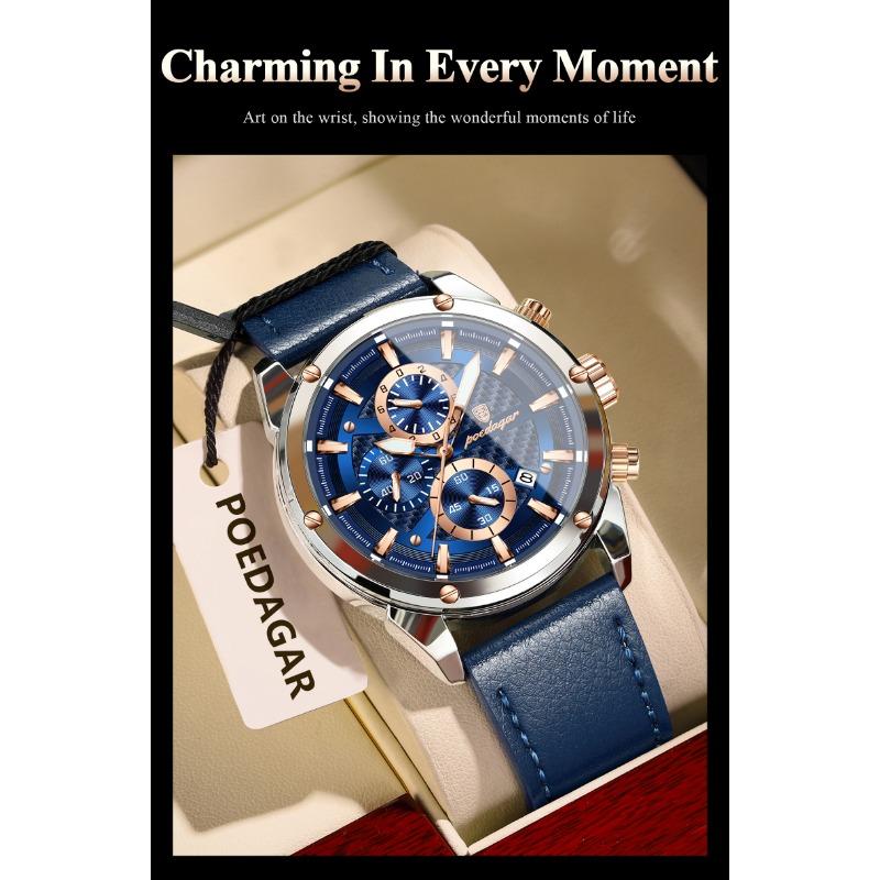 POEDAGAR Business Man Watch Waterproof Luminous Chronograph Date Original Watches for Men Leather Luxury Quartz Wristwatch
