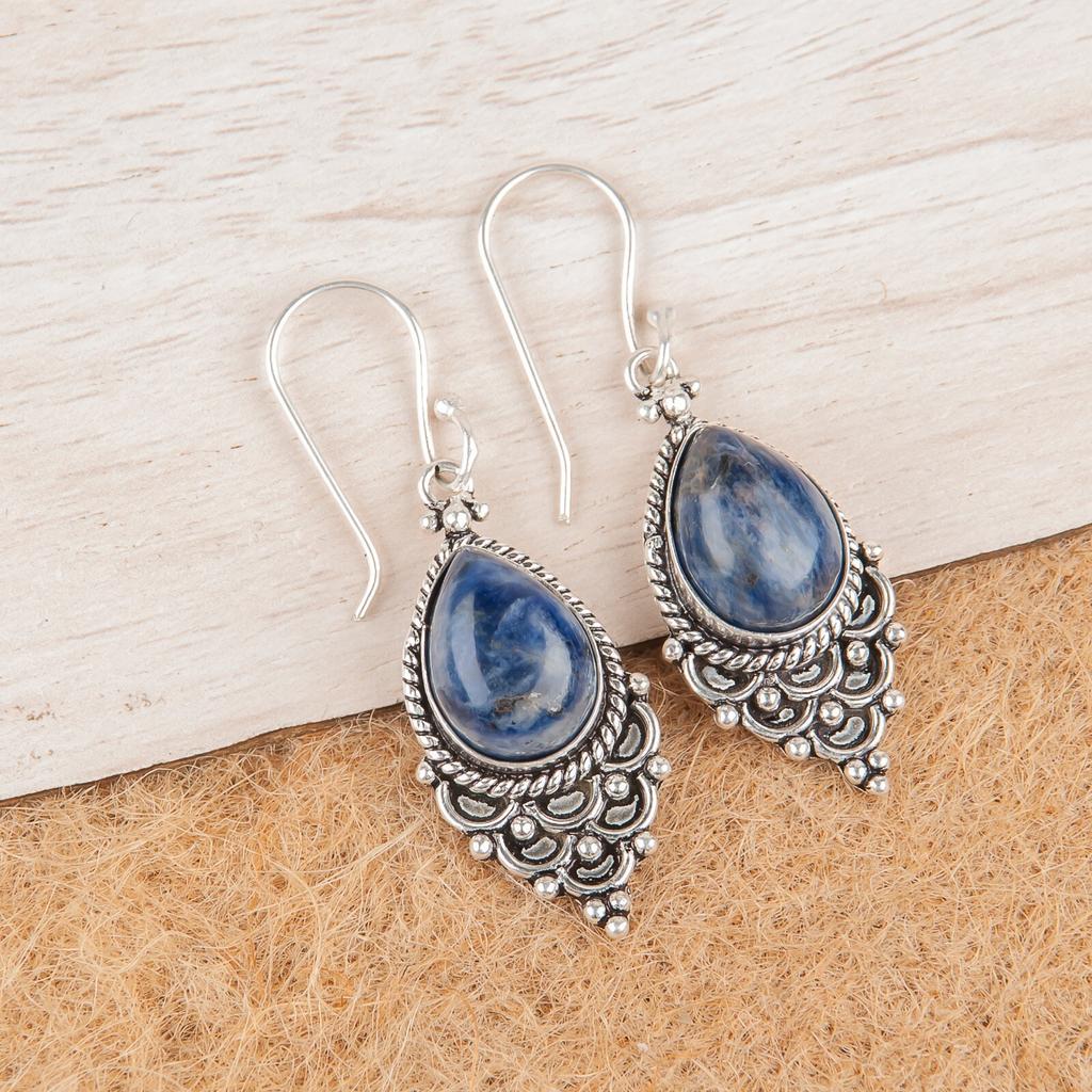 Natürlicher Sodalith Edelstein 925 Sterlingsilber Schmuck Handgefertigt Damen Ohrringe EE-85-29