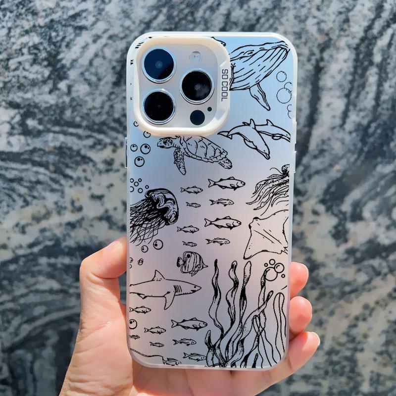 Cool Ocean Turtle Pattern Phone Case For iPhone 15 14 Pro Max 11 12 13 Pro Max Mini 15 Plus Sea Blue Turtle Design Laser Covers