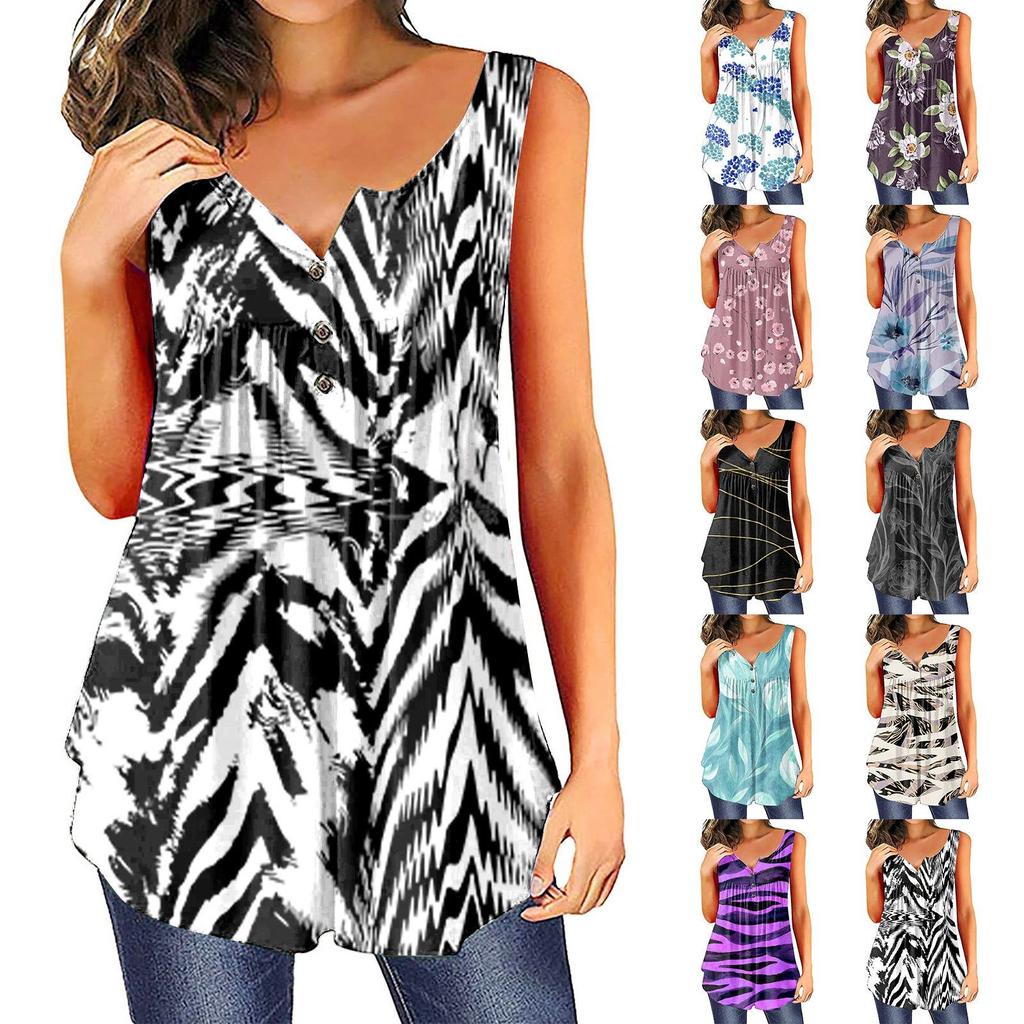 Women's Fashion Floral Printing Pleated Sleeveless Casual T-shirt Vest Button Top