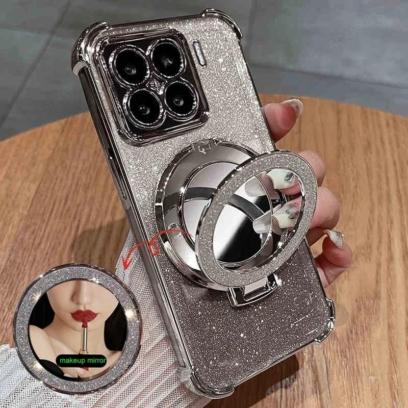 For Xiaomi Mi 14 Pro 15 13 T 12 14t 5G 13t 12t 12x 11i Four Corner Anti-shock Plating Case Mi14t Mi13t Makeup Mirror Stand Cover