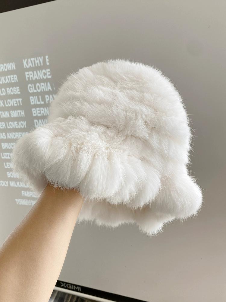 Real Rabbit Fur Hat Women's Winter Warm Double-sided Woven Thickened Ruffle Edge Bucket Hat Temperament Top Hat Basin Hat