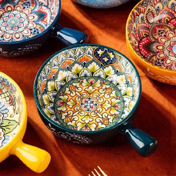 Multipurpose Bohemians Handled Bowl Salad Bowl Ceramic Texture Oven Microwave Safe Dishwasher Cleanable Healthy Cooking