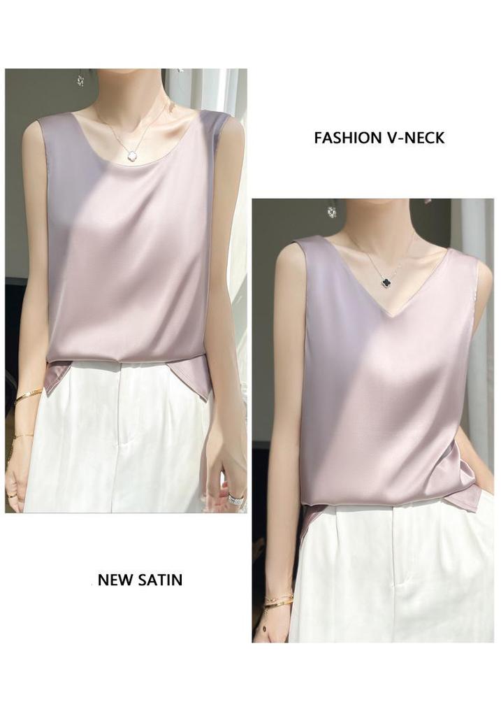 Reversible Satin Camisole for Women - V-Neck Front, Round Neck Back, Solid Color, Perfect Silk Vest to Pair with Suits
