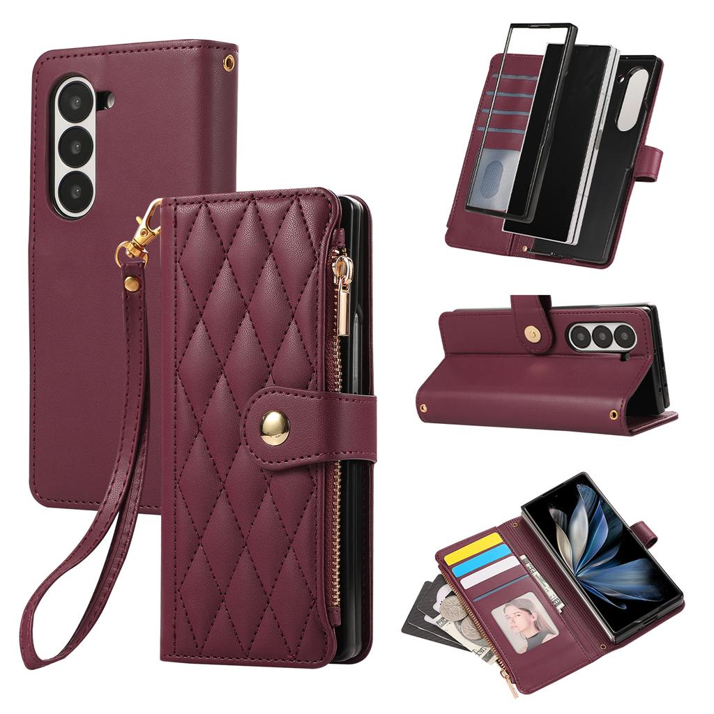 For Samsung Galaxy Z Fold6 5G Case Multi Card Slots Zipper Rhombus Leather Phone Cover with Wrist Strap