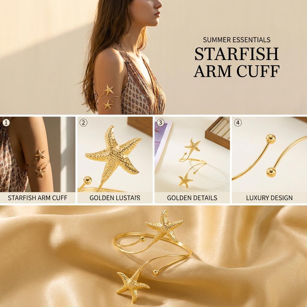 Sexy Spiral Starfish Arm Cuff for Women Gold Color Coil Upper Arm Bracelet Bangle Adjustable Beach Festival Body Jewelry