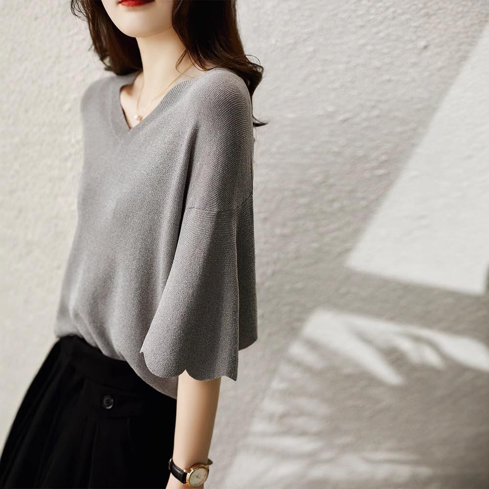 Ruffled Summer Knit for Short Large Loose Stylish [YOMORIO] Women, Knit, Sleeve, Size, Fit, T-Shirt, Knit, V-Neck, Plain, Thin, Breathable, Spring,
