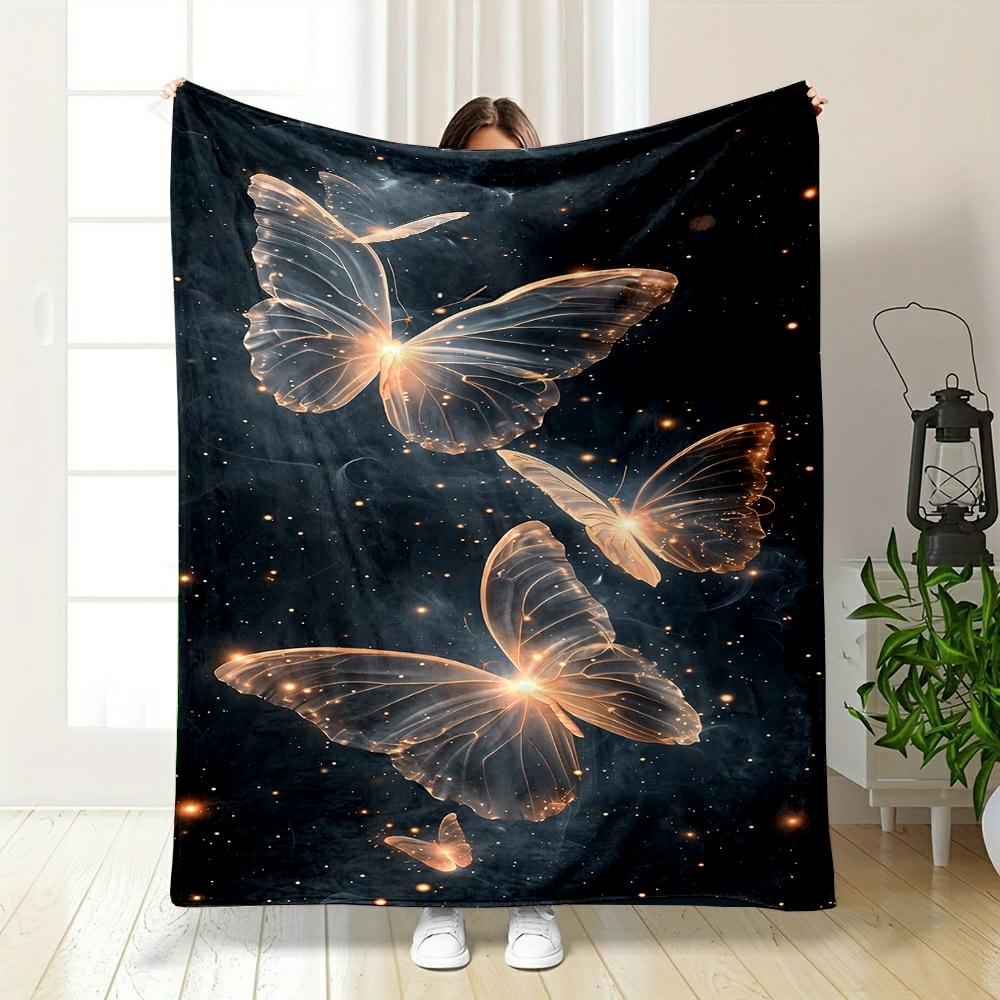 Glowing Butterflies in Cosmic Night Patterned flannel blanket perfect for the bedroom living room, sofa, or a little nap