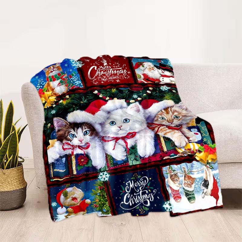 1pc Cozy Christmas Cute Cat Santa Claus Blanket, Lightweight Flannel Throw for Sofa, Bed, Travel Office, Couch, Chair Blanket