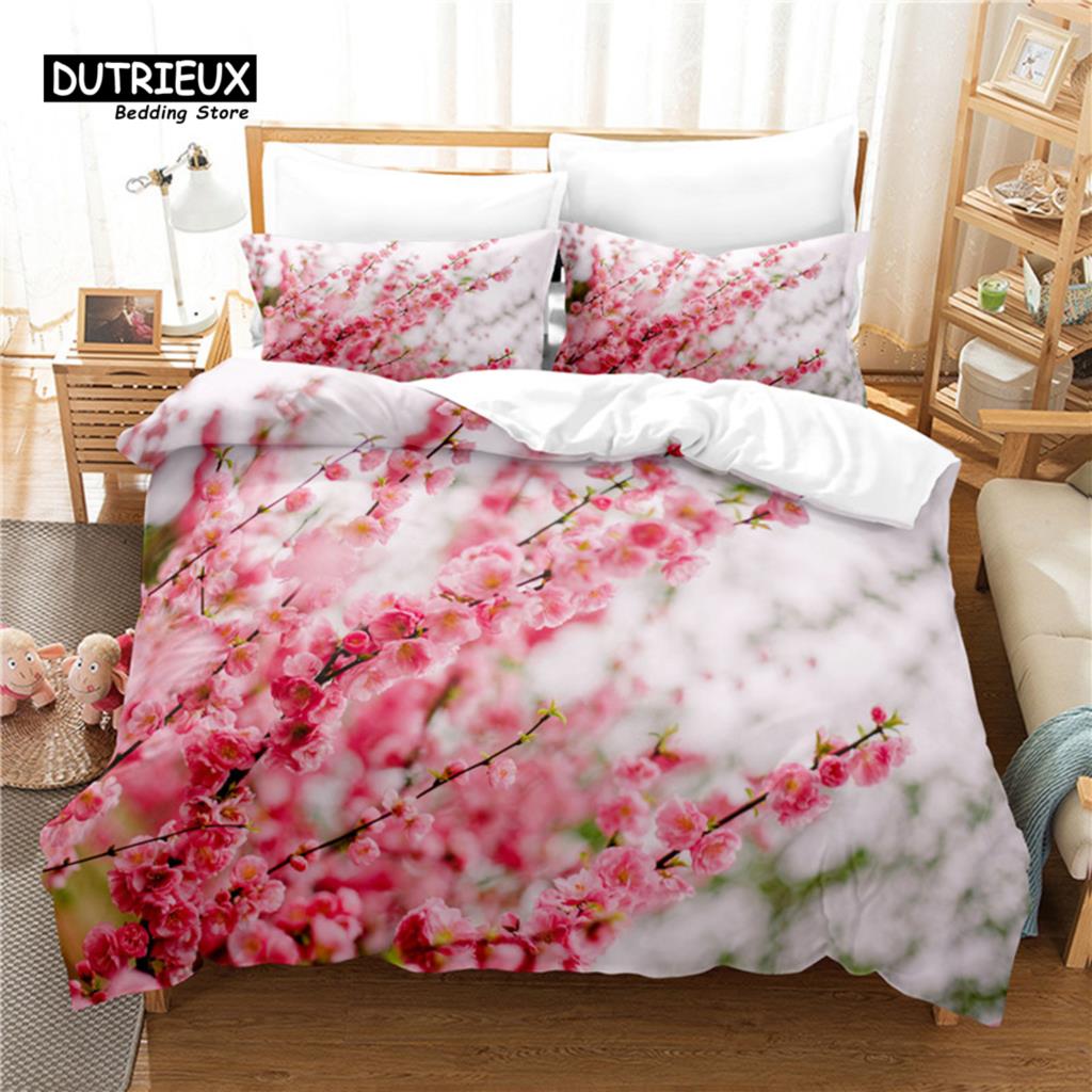 3pcs Duvet Cover Set, Pink Flower Bedding Set, Soft Comfortable Breathable Duvet Cover, For Bedroom Guest Room Decor