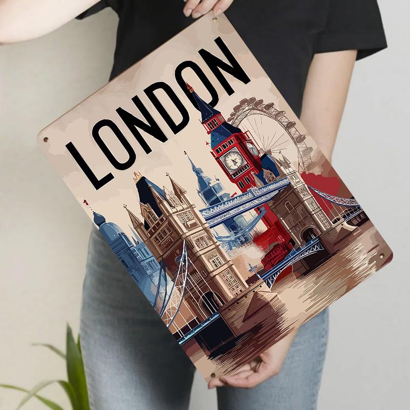 London Landmark Metal Wall Art Big Ben Tower Bridge Ferris Wheel Vintage Poster Home Decor 20x30cm（7.8x11.8inch）