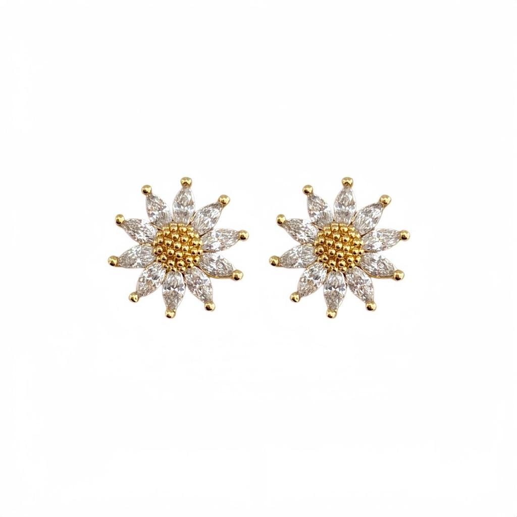 S925 Sterling Silver Sunflower Stud Earrings with Cubic Zirconia and Gold Ball Stamens for Everyday Wear