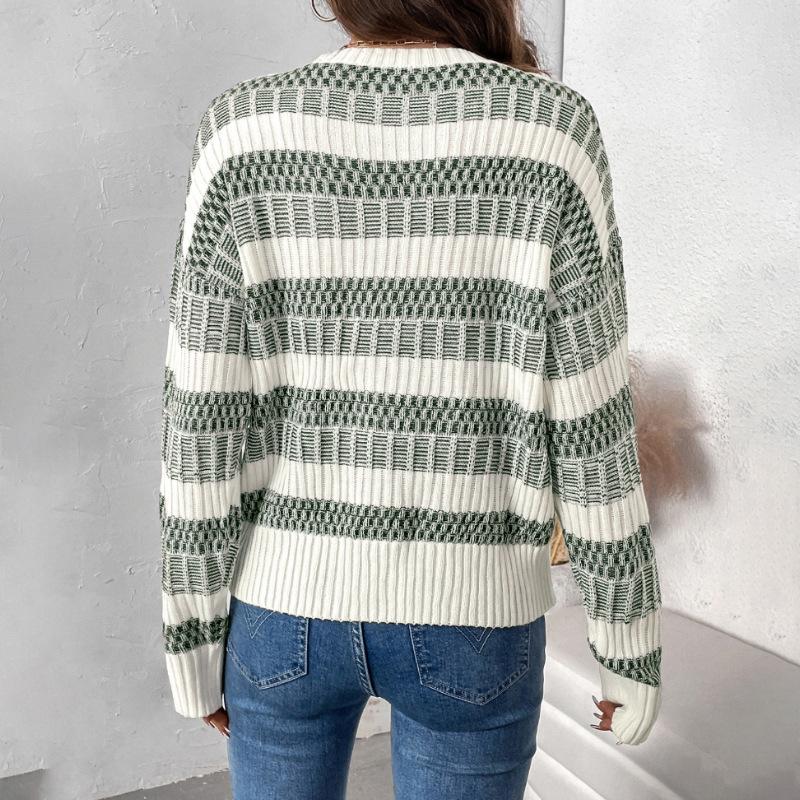 Women's Crew Neck Sweater, Striped for Fall and Winter