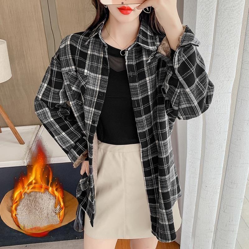 Women Thick Plush Warm Plaid Shirts Vintage Pocket Loose Blouse Autumn Winter Female Casual Korean Long Sleeve Tops