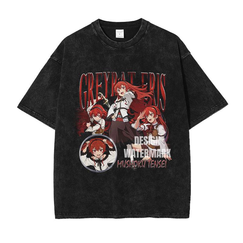 Anime Mushoku Tensei T-Shirts Übergröße Vintage Gewaschen Unisex Greyrat Eris T-Shirt Roxy T-Shirt Sylphiette Oberteile T-Shirts Baumwolle