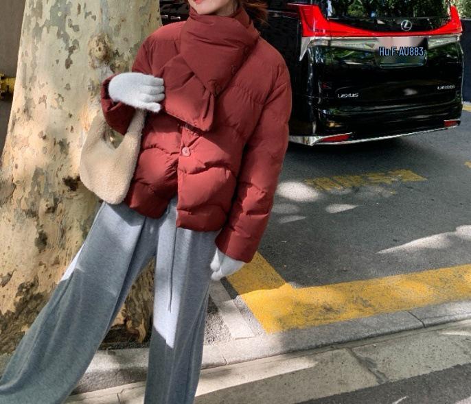 Women's Winter 2025 Scarf Collar Apple Button Down Jacket - Short Style, Sweet Petite White Duck Down Coat