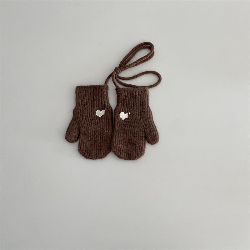 Winter Winddicht Kältefest Warm Kinderhandschuhe 2-5 Jahre Gesticktes Herz Halsband Strick Cremefarben Babygarn Säuglingswolle
