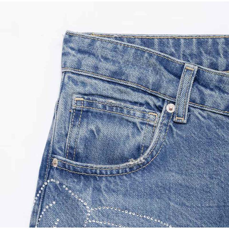 Women's Fashion Slim Fit High Waist Denim Pant Rhinestone Embellished Jeans Street Blue Wash Solid Color Casual Wide Leg Jean 2025 Spring