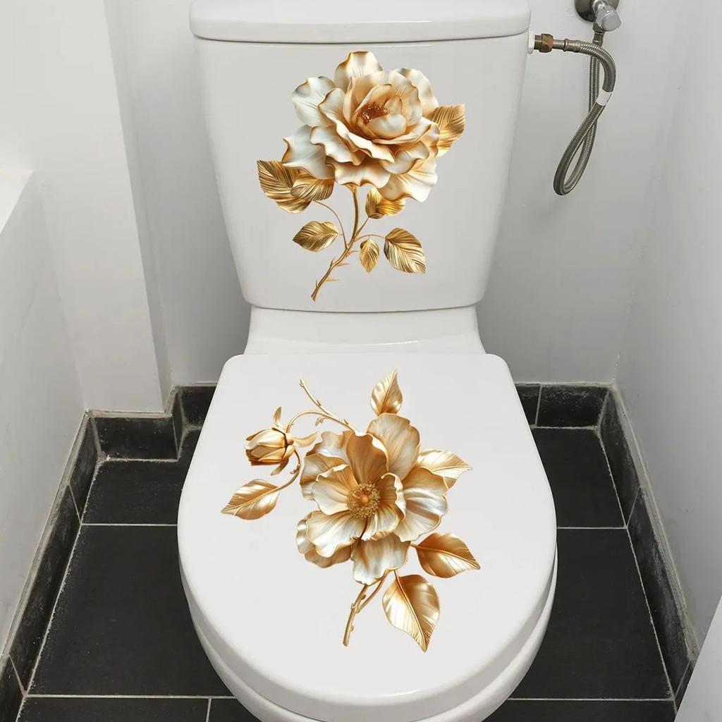 2 Beautiful Golden Flower Toilet Stickers Bathroom Toilet Lid Decorative Stickers Waterproof Self-adhesive