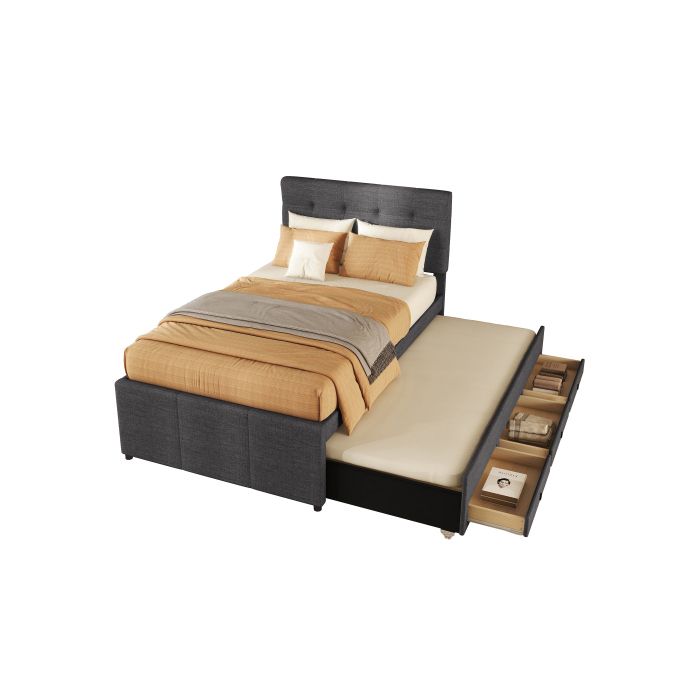 Lit Extensible - MUVOE - 90x200cm - Tête De Lit Réglable - 3 Tiroirs De Rangement - Gris