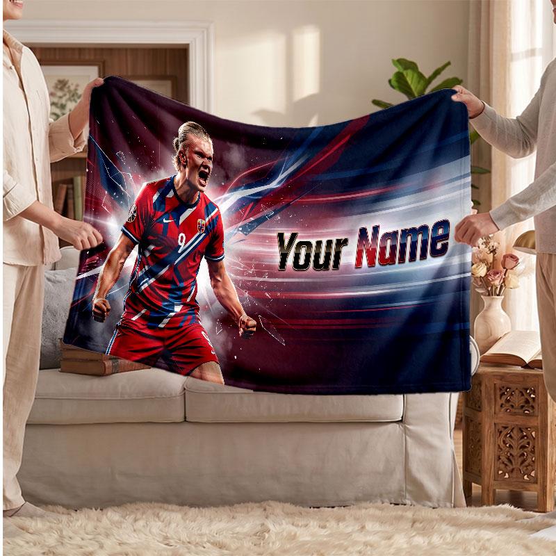 Erling Haaland Personalized Fleece Blanket With Football Logo, Custom Name Text Soft Warm Home Throw Blanket