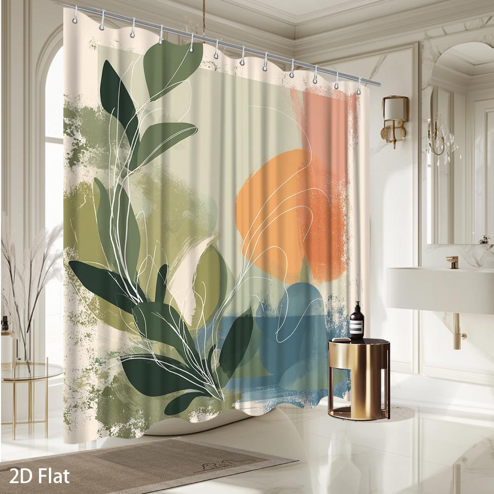 Abstract Botanical Shower Curtain – Watercolor Leaves & Soft Shapes, Modern Art Design, 2D Flat, Polyester, Includes Hooks