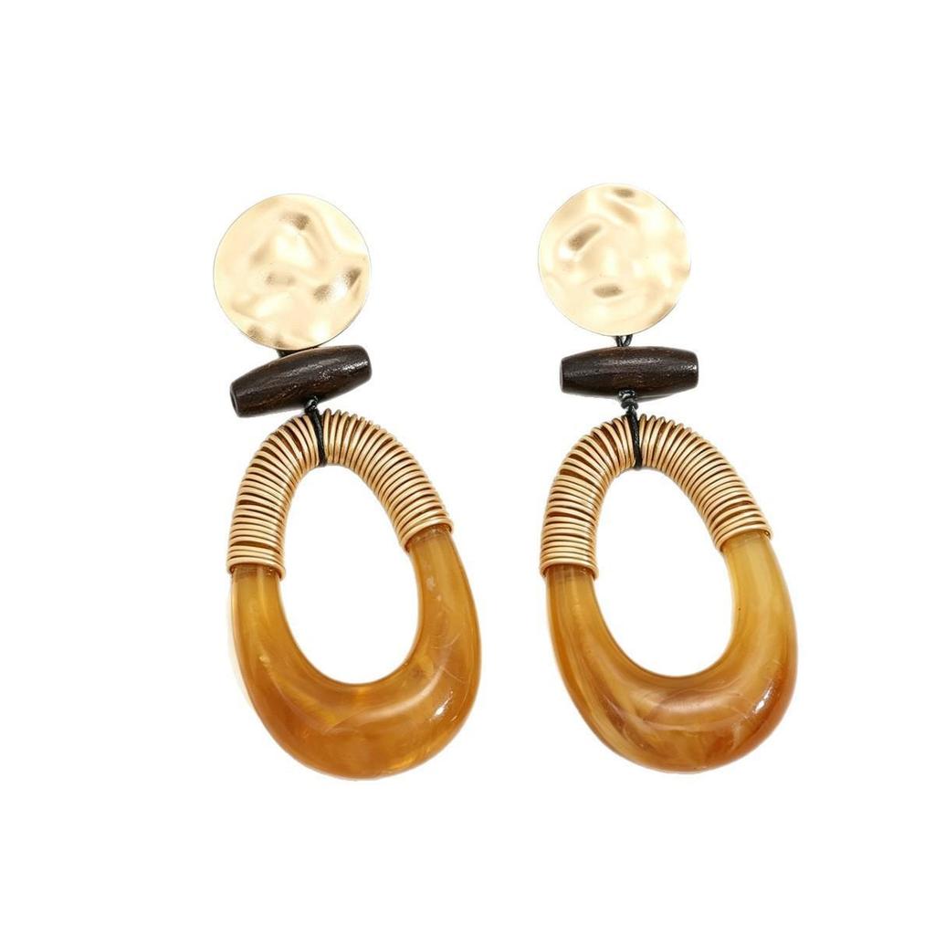 Maillard-Style Handmade Geometric Oval Amber Earrings: High-End Retro Light Luxury for Women