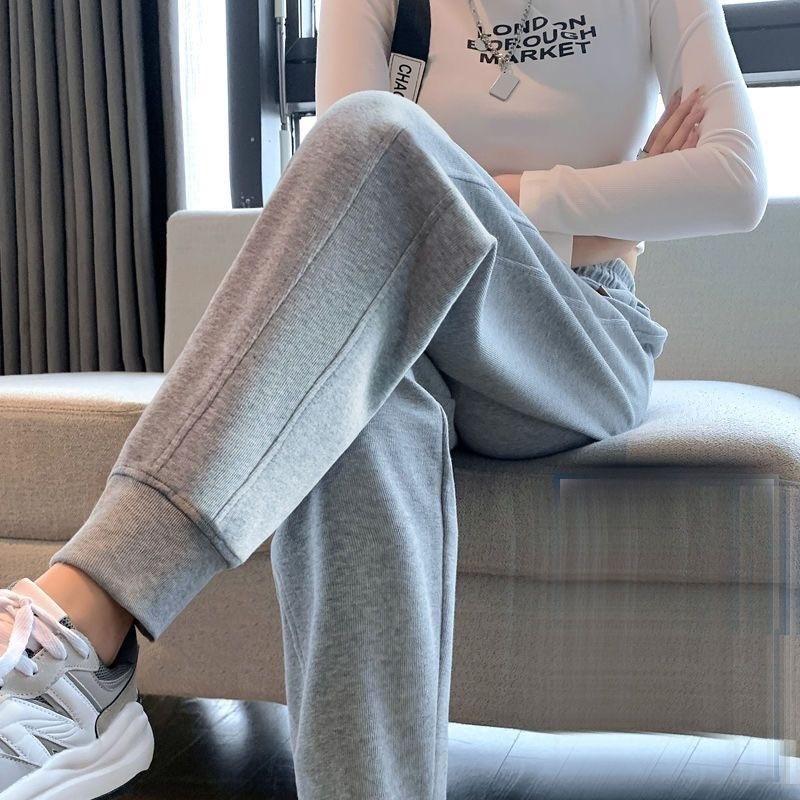 Zimní silné a teplé ležérní šedé sportovní kalhoty s plyšem pro ženy volné sportovní kalhoty