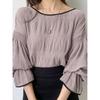 Autumn New Japanese and Korean Fashion Commuter Ol Round Neck Pleat Pleat Lace-up Speaker Long Sleeves Shirt Top All-Matching Women