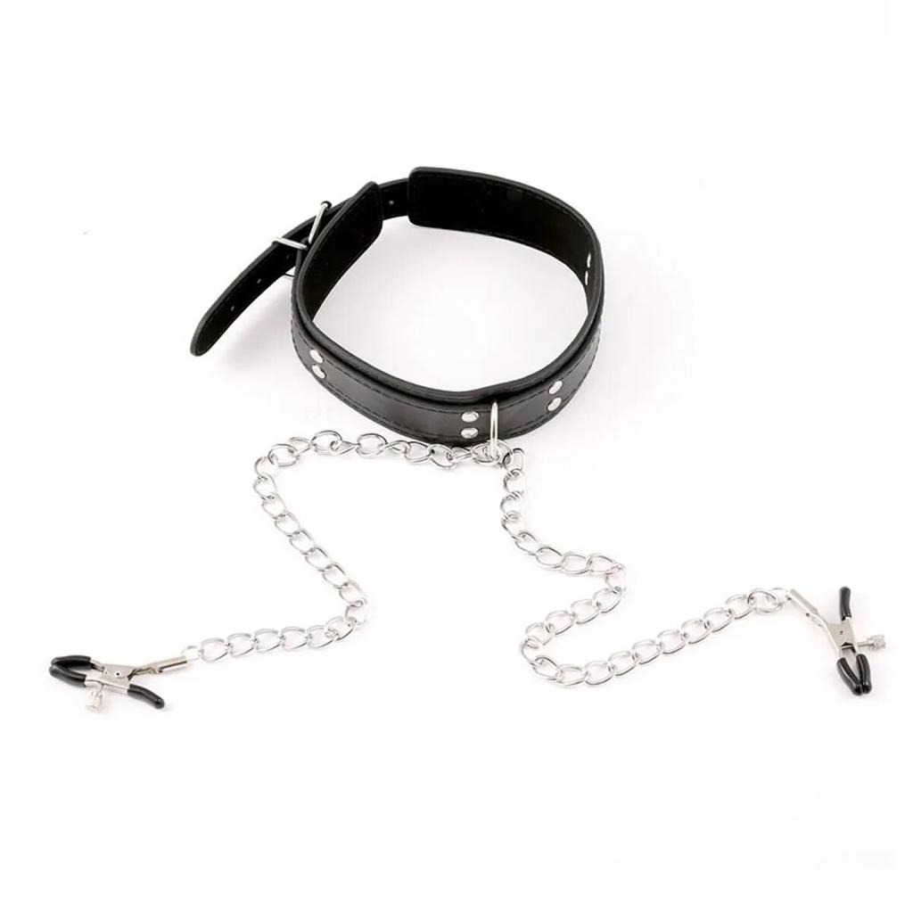 Leather Choker Collar with Nipples Breast Clamp Clip Chain Slave BDSM Sex Toys for Woman Couple Sex Tools Couples Adult Games