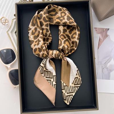 Brown Leopard Print Small Square Scarf Spring And Summer Women'S Windproof Neck Protection Foreign Gas Simulation Silk Scarf