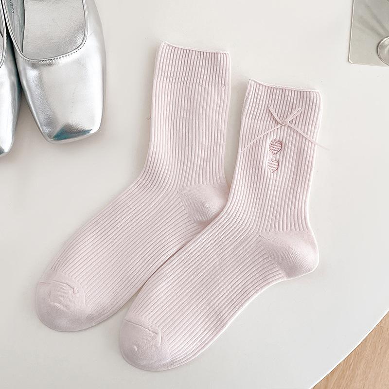 Bow Socks, Women's Mid-calf Socks, Spring and Summer Pile Socks, Embroidered Heart-shaped Trendy Cotton Socks, Long Pile Socks