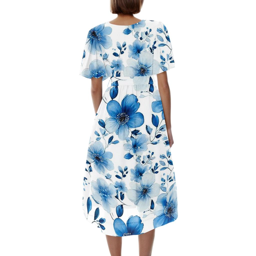 Women's Casual V Neck Short Sleeve Floral Print Dress Midi Length Wrap Style Lightweight Fabric Summer Dress