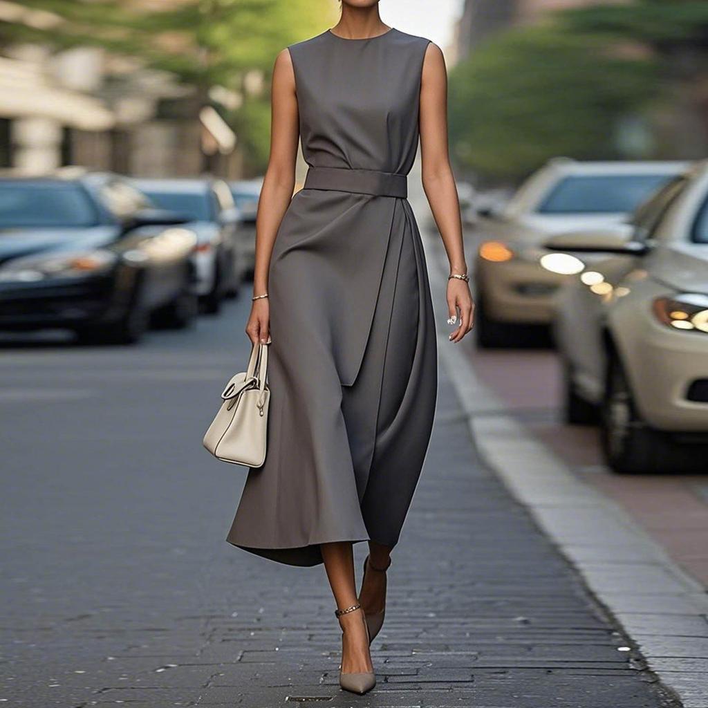 Women's Fashion Casual Solid Color Zipper Sleeveless Round Neck Dress With Belt