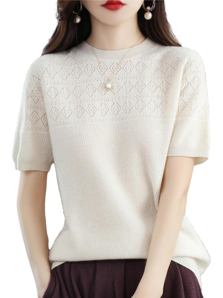 Knit Short Sleeve Spring Summer Autumn Clothes Elegant Sweater Openwork Knit Switching Top Clothing 30s 40s 50s White BN284 WHT M [BN1 Select] Women's