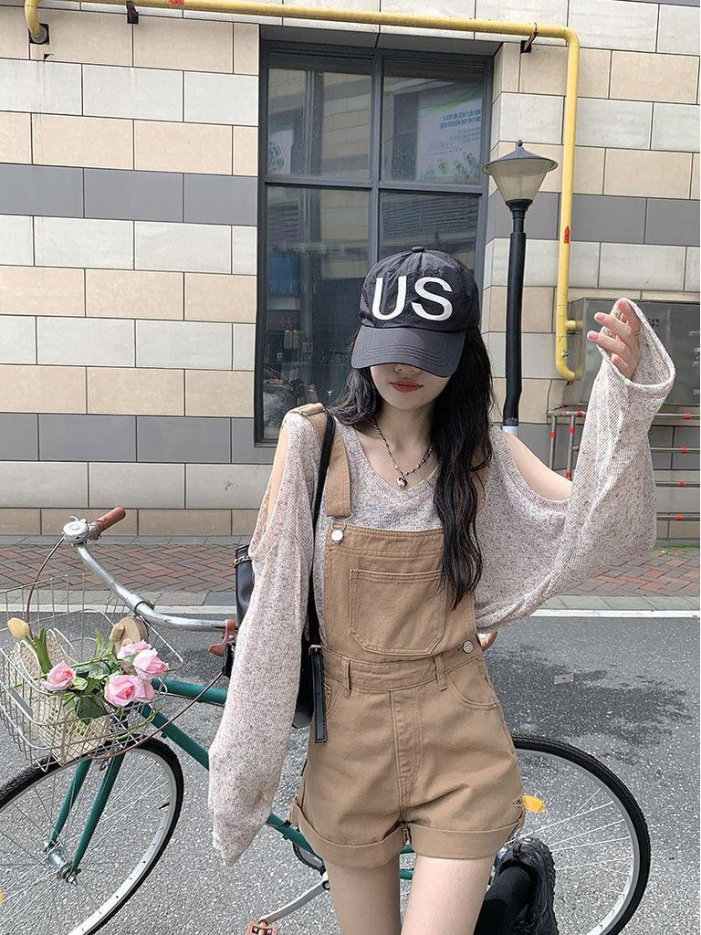 Off-Shoulder Sun Protection Shirt & Versatile Denim Overall Shorts for Women