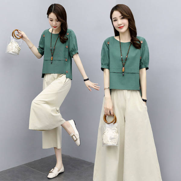 Summer Loose-Fit Slimming Women's Clothing Set Short Sleeves Fashionable Stylish Age-Reducing Bell Bottoms Suit