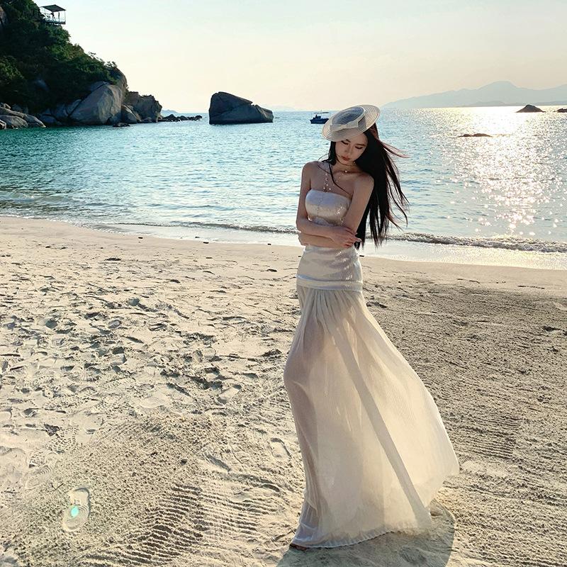 Seaside Vacation Long Dress High Sense Socialite Dress Mopping Mesh Skirt Tube Top Sequined Dress Women