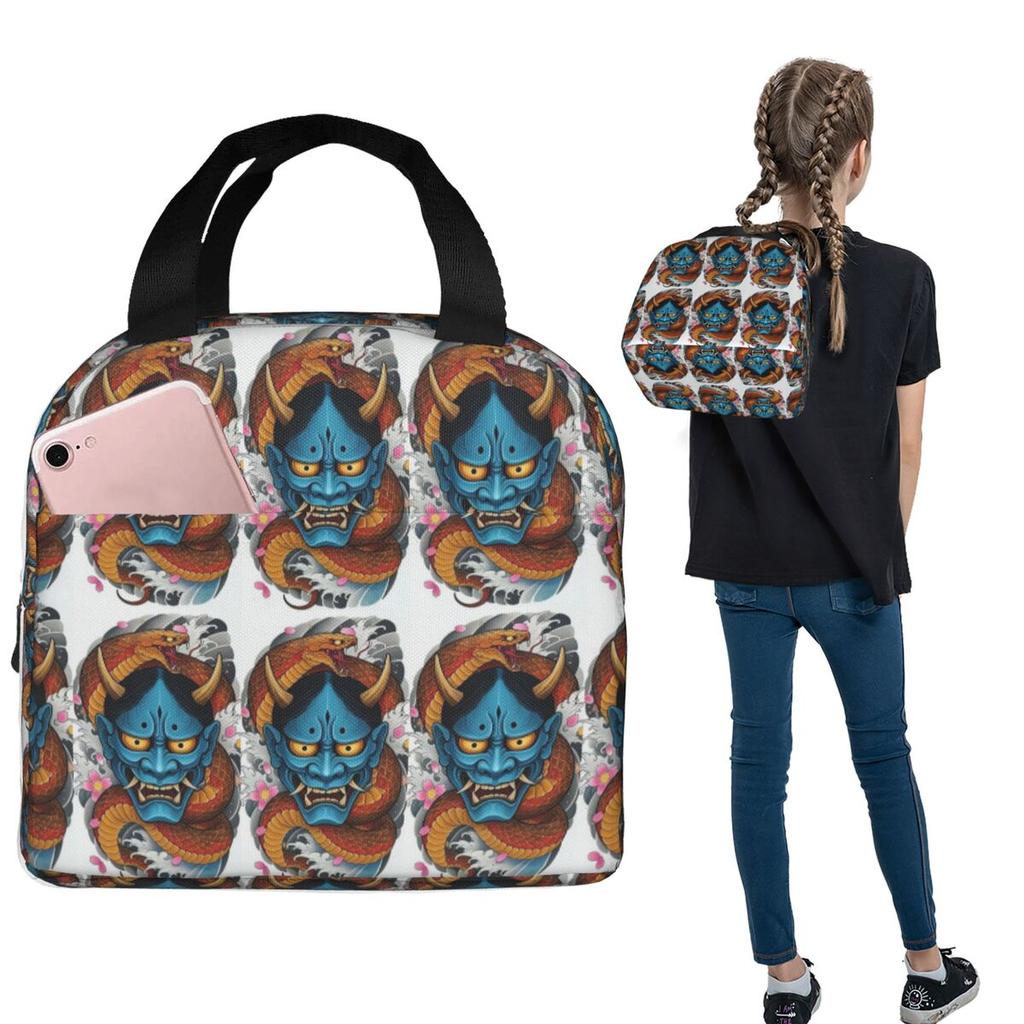 Oni Demon Gaiter Japanese Samurai Ronin Face Insulated Lunch Bag for Women Children Portable Food Boxes Thermal Lunch Box Tote