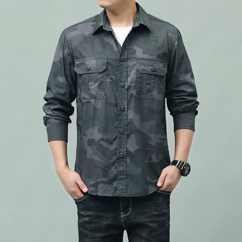 Spring and Autumn Camouflage Long Sleeved Pure Cotton Workwear Shirt for Men, Dual Pocket Versatile Casual Military Youth Outdoor Shirt