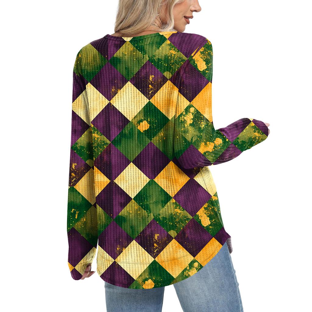 Damenmode Locker Langarm Karnevals-Print Rundhals Casual Oberteil