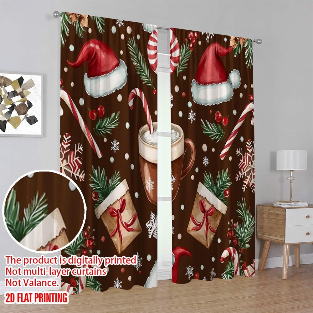 2pcs,2D plane printing Light Filtering Curtains Christmas Coffee Snowflakes Holiday (2) Versatile Fabric (without rod) Gifts Use
