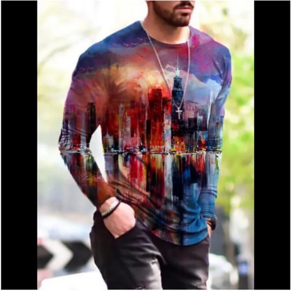 Camiseta masculina retrô com gola redonda e manga comprida, estampa colorida em bloco 3D, primavera, outono, solta, casual, roupa masculina