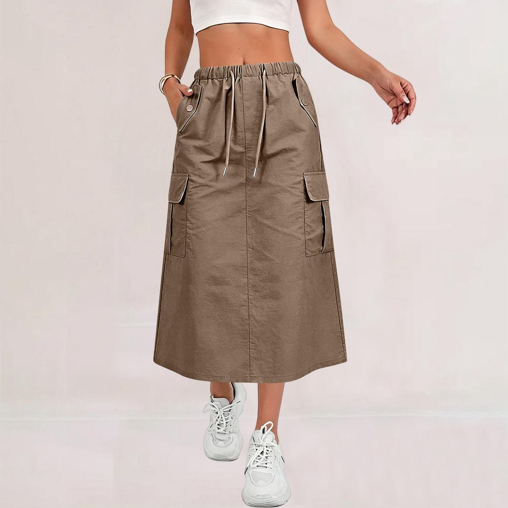 Women's Casual Long Cargo Skirt with Drawstring Waist and Pockets Lightweight Comfortable Workwear Style Skirt for Everyday Use