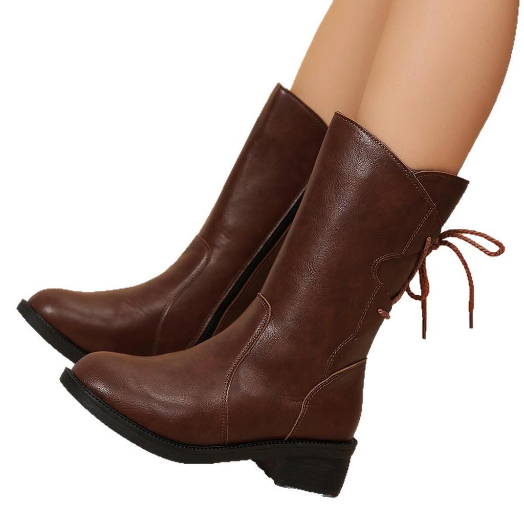 2025 Autumn/Winter Women's Low Heel Chunky Side Zipper Mid-Calf Round Toe Leather Boots, Korean Style