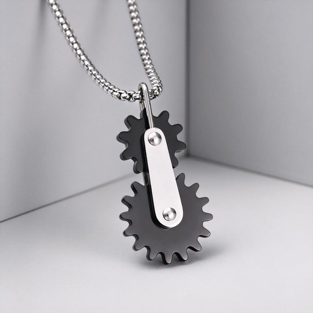 Punk Double Gear Pendant Necklace for Men, Stainless Steel Silver Plated Chain Charm Mechanical Jewelry Gift