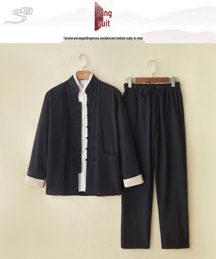Men's Chinese Spring/Autumn Cotton Linen Tang Suit: 3-Piece Hanfu with Frog Buttons, Monk & Tea Ceremony Robe