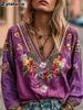 Women's Bohemian V-Neck Casual Vintage Top Long Sleeve Ethnic Style