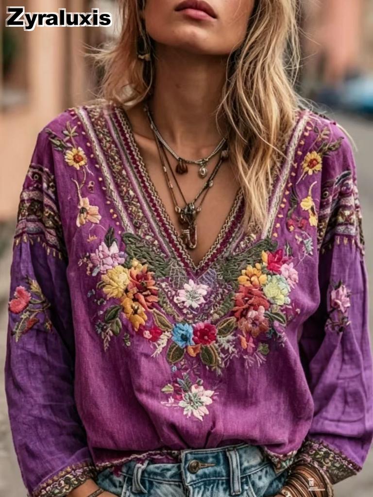 Women's Bohemian V-Neck Casual Vintage Top Long Sleeve Ethnic Style