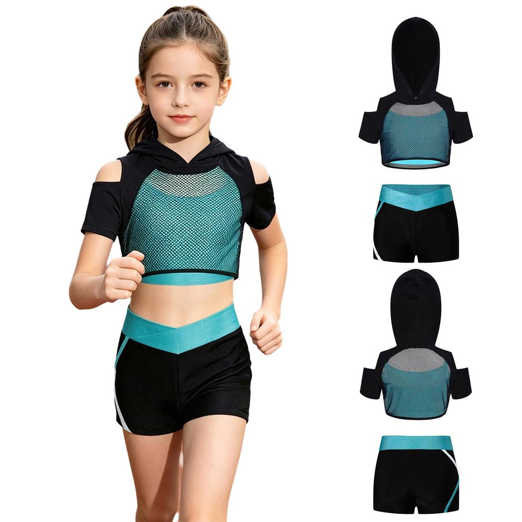 Kids Girls 3 Piece Sport Set Spaghetti Strap Vest Cold Shoulder Mesh Crop Hoodie with V Front Waist Shorts for Dance Gym Training